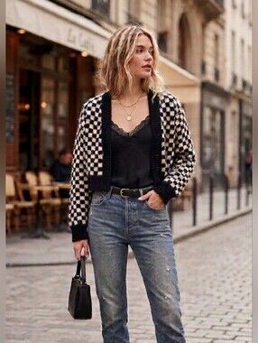 ZARA Black and Cream Checker Knit Sweater Size Large